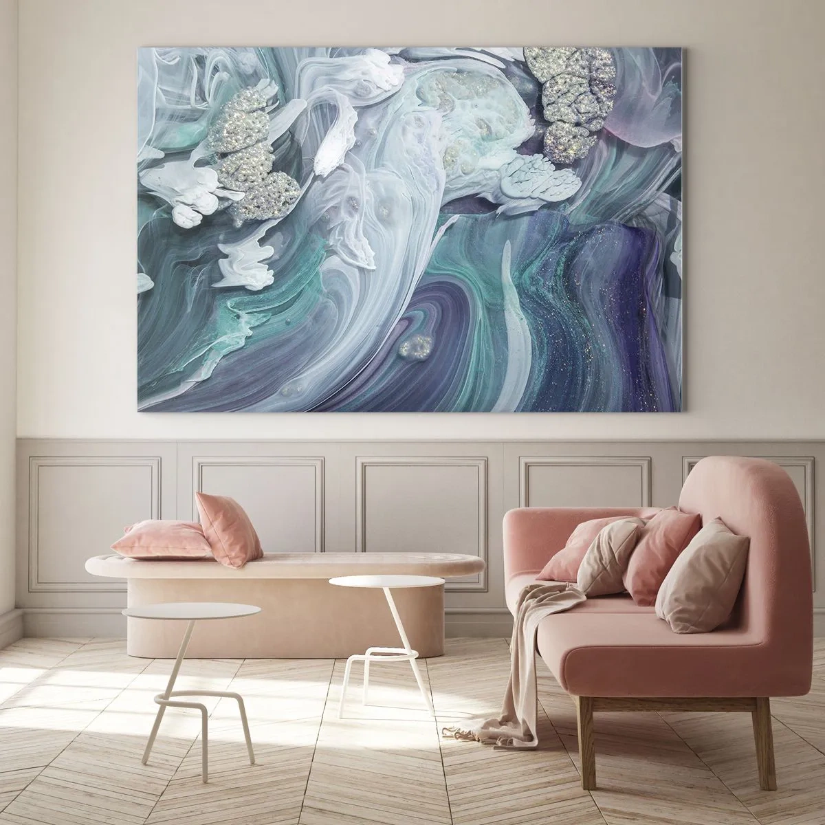 Quadro su vetro - Una composizione astratta nei toni del blu, viola e bianco. - 70x50cm - Correnti di blu - Decorazione murale moderna per soggiorno e camera da letto ARTTOR