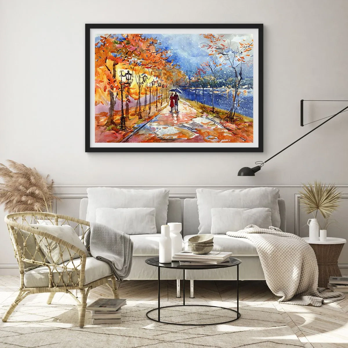 Poster in cornice nera - Una passeggiata autunnale nel parco sulla riva del fiume sotto l'ombrellone - 100x70cm - Insieme fino ai confini del tempo - Decorazione murale moderna per soggiorno e camera da letto ARTTOR