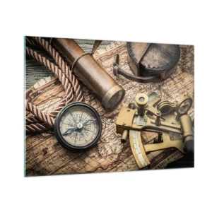 Quadro su vetro - Bussola, mappa e strumenti di navigazione in stile retrò - 100x70cm - Traccia la rotta - Decorazione murale moderna per soggiorno e camera da letto ARTTOR