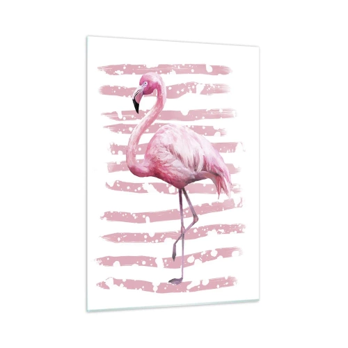 Quadro su vetro - Un fenicottero rosa su uno sfondo di artistiche strisce rosa. - 50x70cm - Con dignità, sebbene in rosa - Decorazione murale moderna per soggiorno e camera da letto ARTTOR