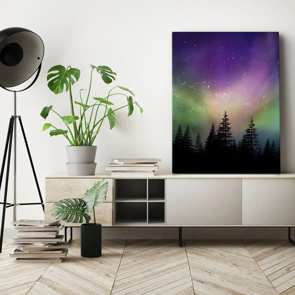 Quadro su tela - Stampe su Tela - Aurora boreale su una foresta con cielo stellato - 50x70cm - Magia bianca - Decorazione murale moderna per soggiorno e camera da letto ARTTOR