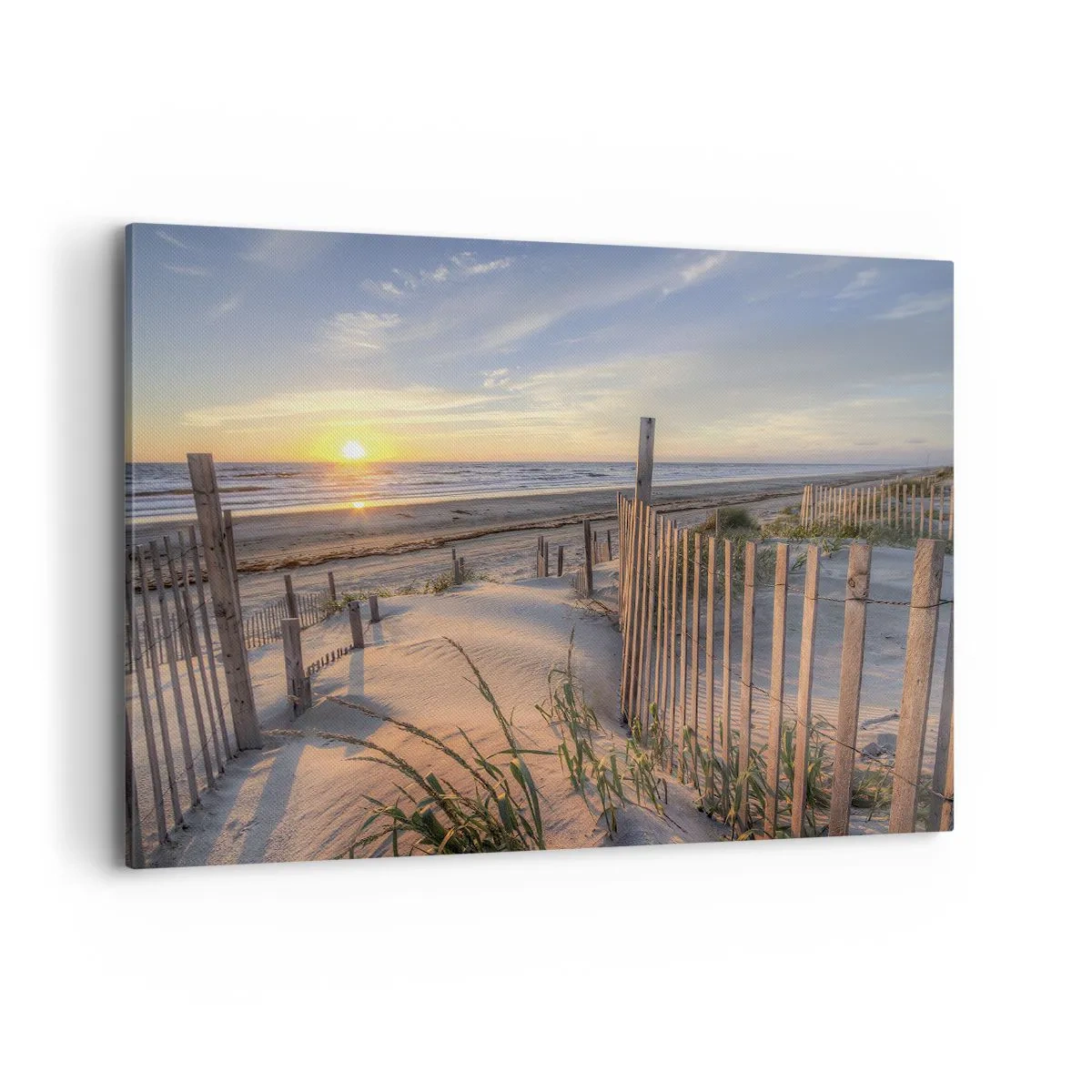 Quadro su tela - Stampe su Tela - Spiaggia al tramonto con recinzione in legno - 120x80cm - Luci e ombre del vento - Decorazione murale moderna per soggiorno e camera da letto ARTTOR