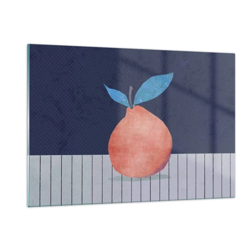 Quadro su vetro - Un frutto dalla forma astratta contro una composizione geometrica - 120x80cm - Convessità e piano - Decorazione murale moderna per soggiorno e camera da letto ARTTOR