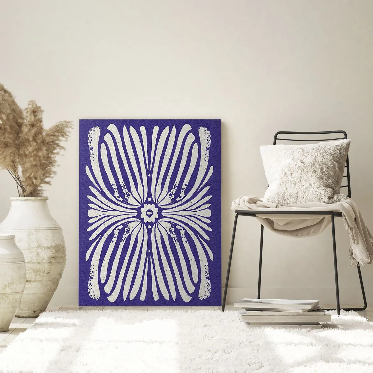 Quadro su vetro - Motivo etnico simmetrico su sfondo viola - 50x70cm - Ispirazioni etniche - Decorazione murale moderna per soggiorno e camera da letto ARTTOR