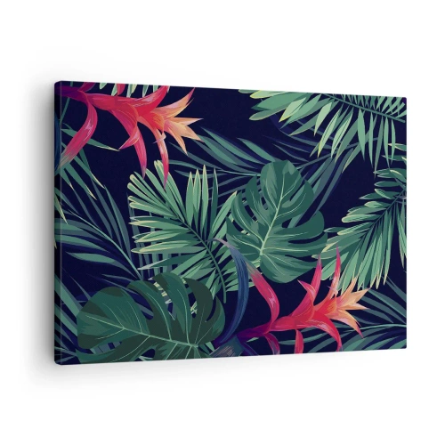 Quadro su tela - Stampe su Tela - Foglie e fiori tropicali su sfondo scuro - 70x50cm - Fiammante nel verde - Decorazione murale moderna per soggiorno e camera da letto ARTTOR