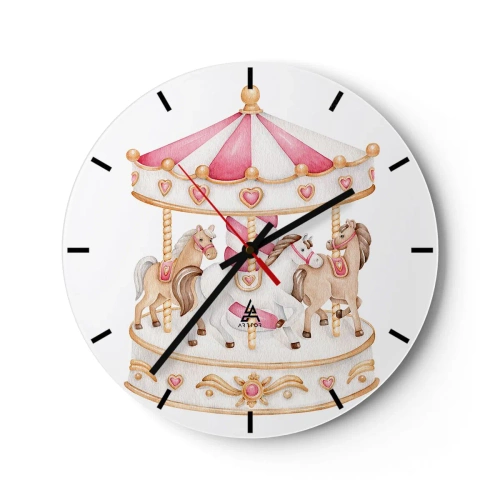 Orologio da parete - Orologio in Vetro - Giostra rosa e crema con cavalli su sfondo bianco - 30x30cm - Il dolce mondo dell'infanzia - Decorazione murale moderna per soggiorno, cucina e camera da letto ARTTOR