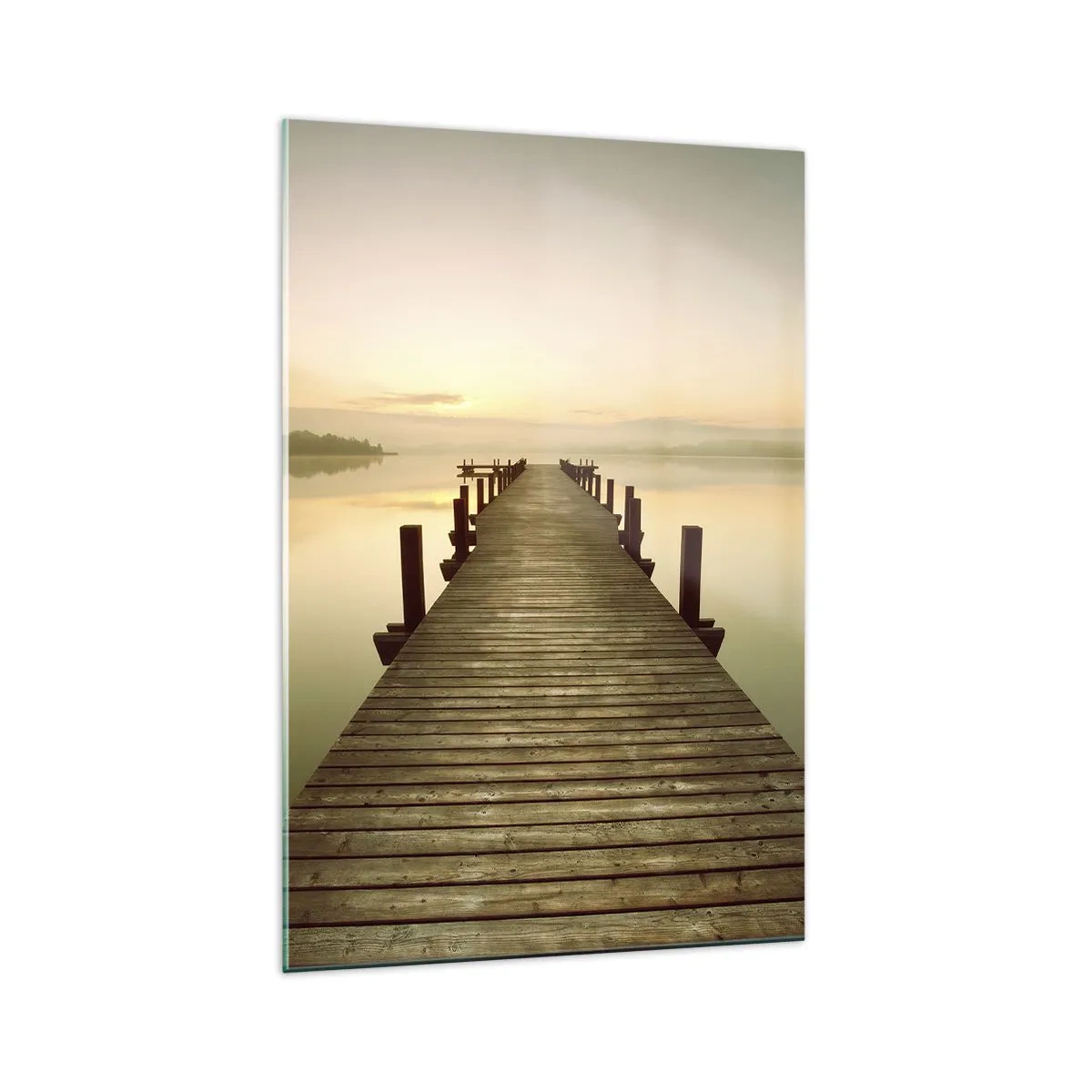 Quadro su vetro - Un molo di legno su un lago calmo al mattino - 70x100cm - Aurora, alba, luce - Decorazione murale moderna per soggiorno e camera da letto ARTTOR