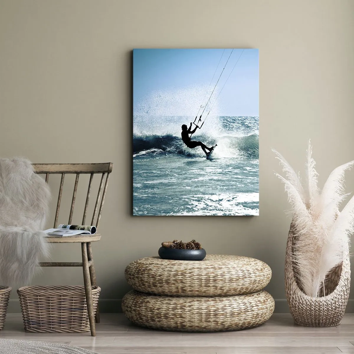 Quadro su tela - Stampe su Tela - Kitesurfer cavalca un'onda in pieno sole - 80x120cm - Fatti sollevare - Decorazione murale moderna per soggiorno e camera da letto ARTTOR