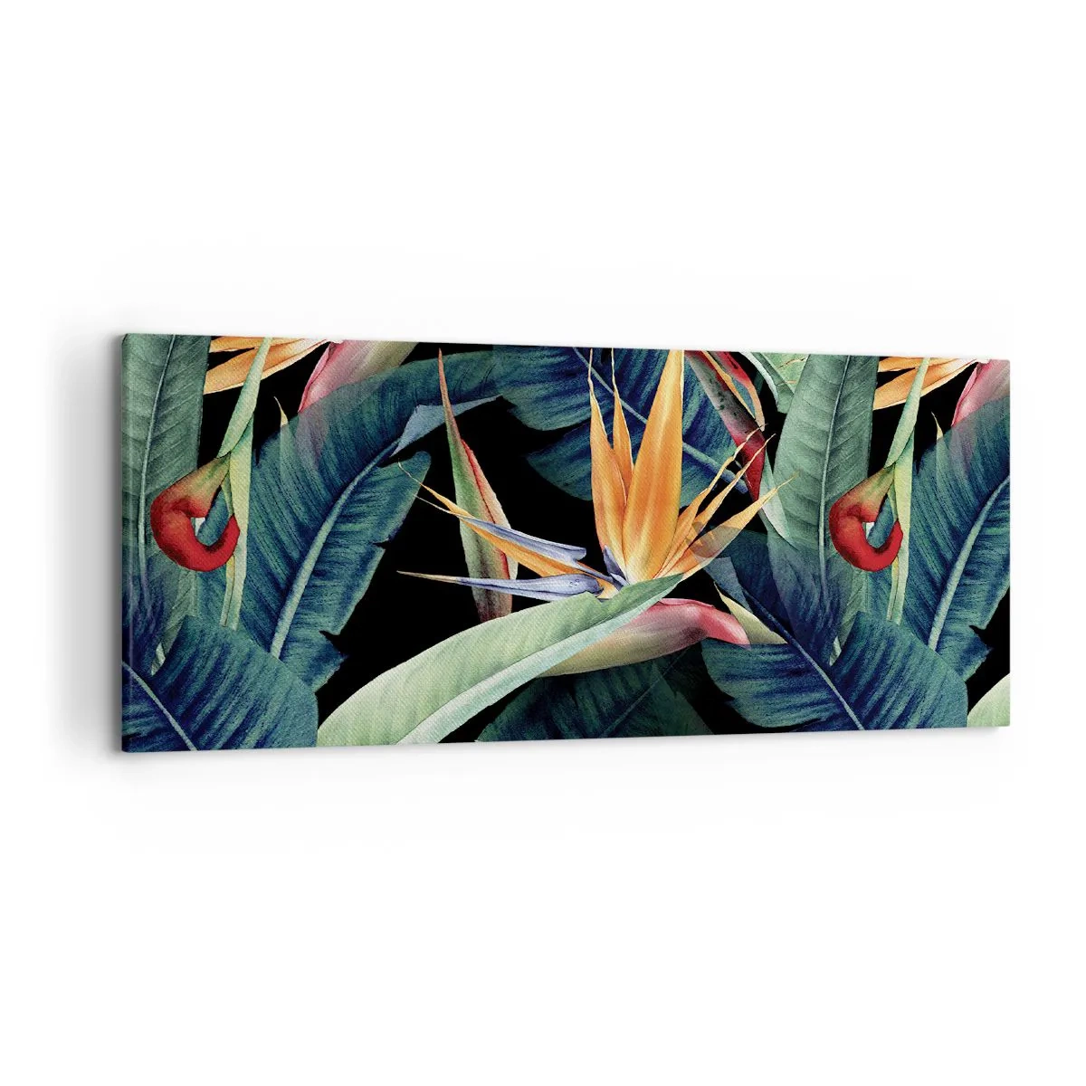 Quadro su tela - Stampe su Tela - Fiori e foglie tropicali su sfondo nero - 120x50cm - I fiori fiammeggianti dei tropici - Decorazione murale moderna per soggiorno e camera da letto ARTTOR