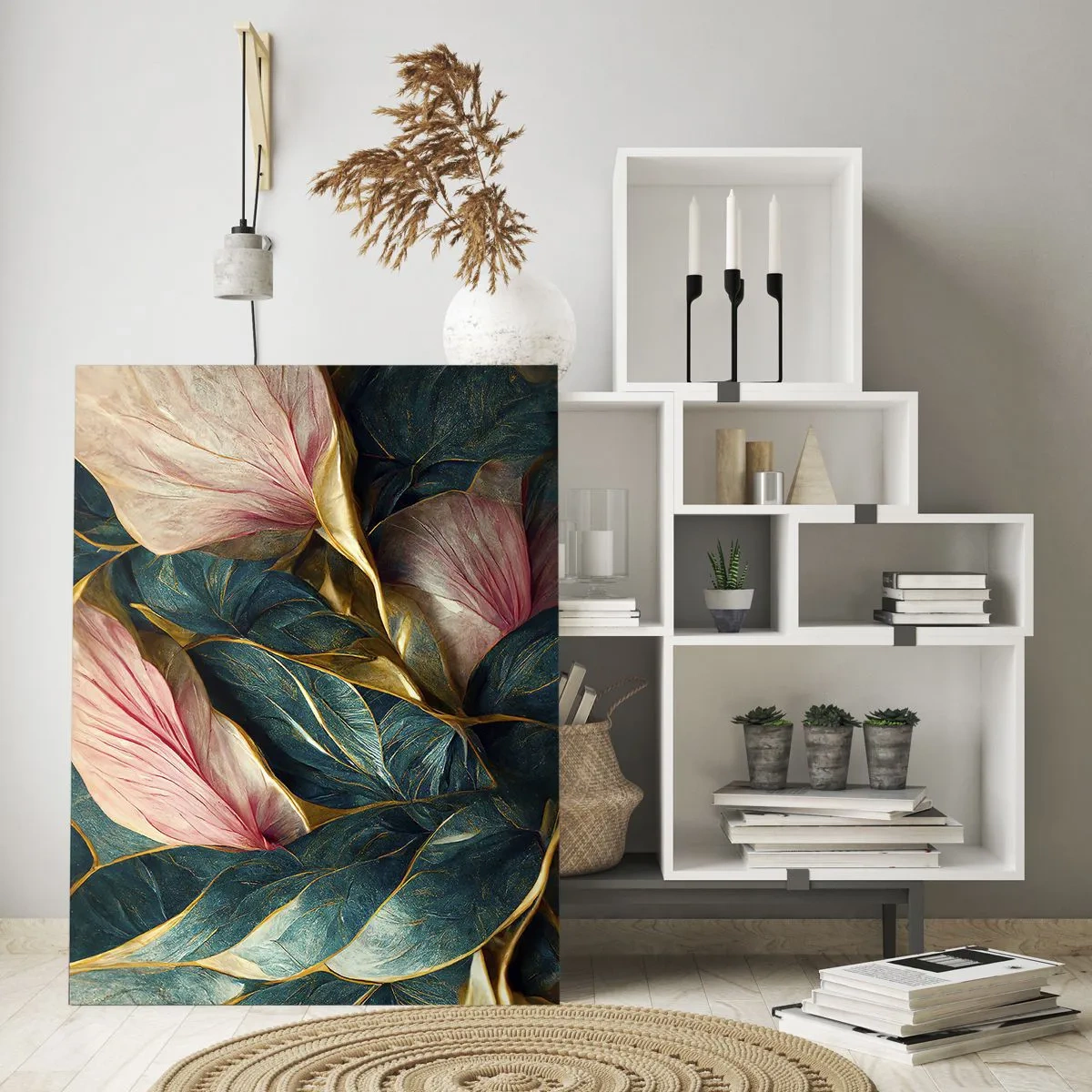 Quadro su vetro - Eleganti foglie in verde, oro e rosa - 70x100cm - Stile ed eleganza naturali - Decorazione murale moderna per soggiorno e camera da letto ARTTOR