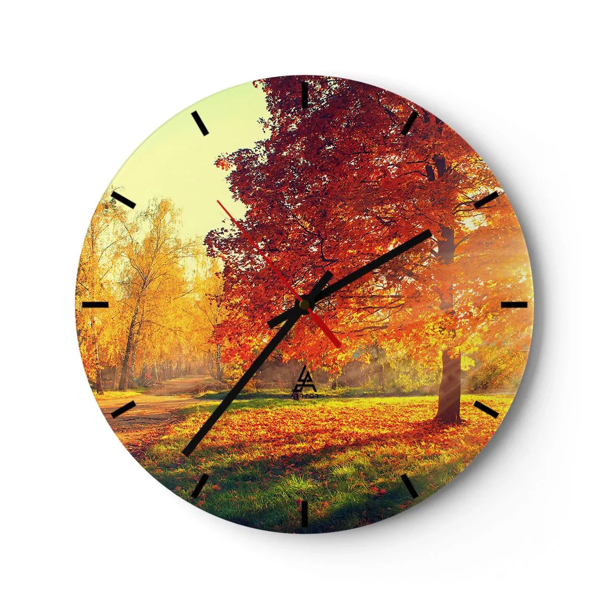 Orologio da parete - Orologio in Vetro - Paesaggio autunnale con un albero con foglie rosse nel parco - 30x30cm - Rosso è bello - Decorazione murale moderna per soggiorno, cucina e camera da letto ARTTOR