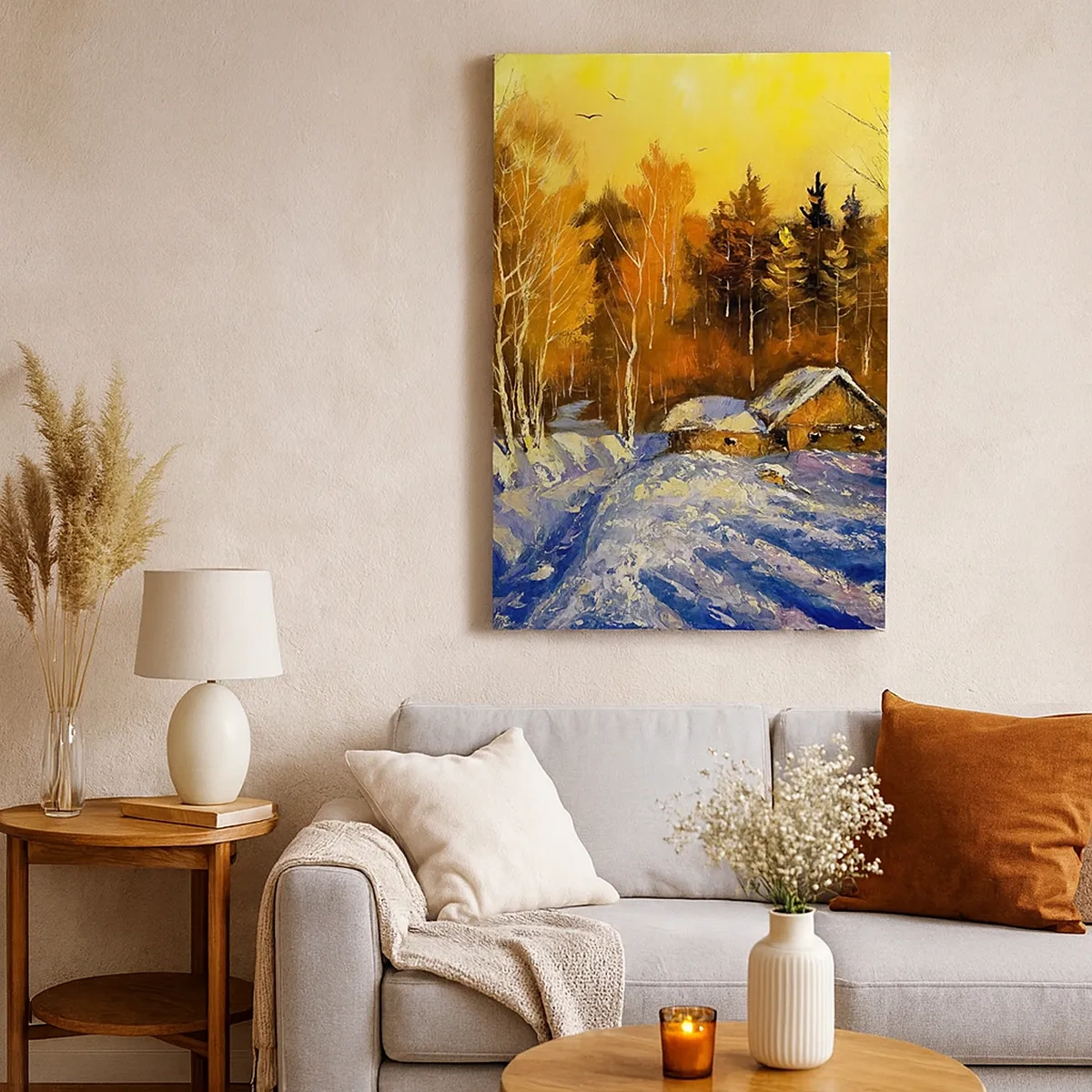 Quadro su tela - Stampe su Tela - Paesaggio invernale con una casa alla luce del sole al tramonto - 50x70cm - Impressionismo invernale al sole - Decorazione murale moderna per soggiorno e camera da letto ARTTOR