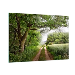 Quadro su vetro - Una strada forestale immersa nel verde sotto i raggi del sole - 100x70cm - Et in Arcadia ego - Decorazione murale moderna per soggiorno e camera da letto ARTTOR
