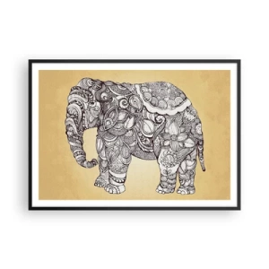 Poster in cornice nera - Elefante disegnato a mano con motivo ornamentale su sfondo beige - 100x70cm - L'elefante nascosto - Decorazione murale moderna per soggiorno e camera da letto ARTTOR