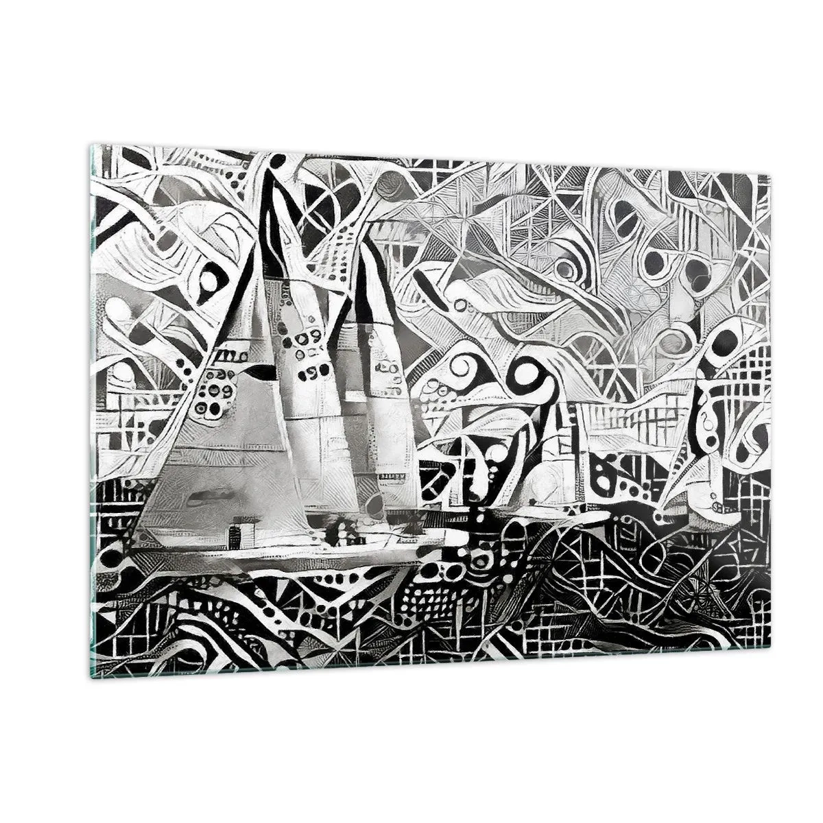 Quadro su vetro - Astrazione in bianco e nero con barche a vela e motivi geometrici - 120x80cm - Tra le onde - Decorazione murale moderna per soggiorno e camera da letto ARTTOR