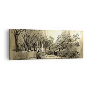 Quadro su tela - Stampe su Tela - Una scena di cartone animato di un parco con persone che camminano in toni caldi. - 140x50cm - Attimo fermato con la penna - Decorazione murale moderna per soggiorno e camera da letto ARTTOR