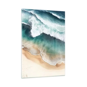 Quadro su vetro - Onde dell'oceano che si infrangono su una spiaggia di sabbia dorata - 50x70cm - L'eterno incontro - Decorazione murale moderna per soggiorno e camera da letto ARTTOR