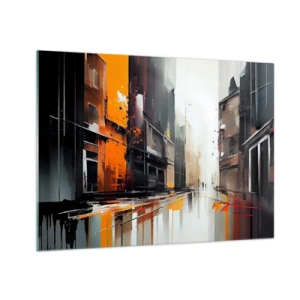 Quadro su vetro - Una strada sotto la pioggia con alti edifici dai colori caldi - 70x50cm - Un giorno di pioggia - Decorazione murale moderna per soggiorno e camera da letto ARTTOR