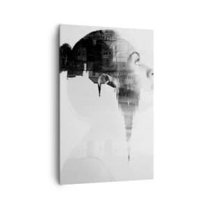Quadro su tela - Stampe su Tela - Ritratto di una donna con il contorno di una città sullo sfondo, colori bianco e nero - 80x120cm - Sui due lati del vetro - Decorazione murale moderna per soggiorno e camera da letto ARTTOR