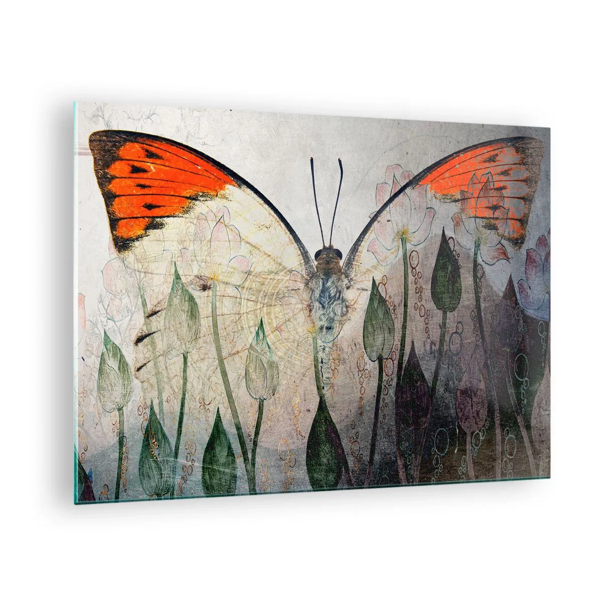 Quadro su vetro - Una farfalla artistica circondata da delicati fiori su uno sfondo grigio. - 70x50cm - Dove la farfalla si dondola sull'erba - Decorazione murale moderna per soggiorno e camera da letto ARTTOR