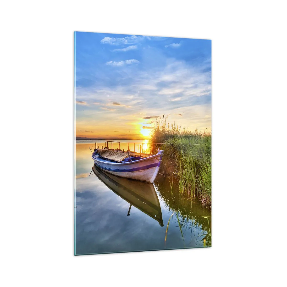 Quadro su vetro - Una barca in una baia tranquilla al tramonto - 70x100cm - L'insenatura dei sogni realizzati - Decorazione murale moderna per soggiorno e camera da letto ARTTOR