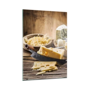 Quadro su vetro - Tagliere per formaggi con coltello su tavolo rustico - 50x70cm - Sorridi al formaggio - Decorazione murale moderna per soggiorno e camera da letto ARTTOR