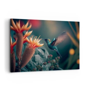 Quadro su tela - Stampe su Tela - Un colibrì colorato tra i fiori su uno sfondo naturale - 100x70cm - Una vita davvero a colori - Decorazione murale moderna per soggiorno e camera da letto ARTTOR