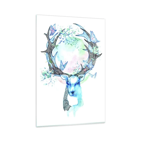 Quadro su vetro - Una grafica stravagante di un cervo con un motivo naturale e a farfalla - 80x120cm - La forza e la delicatezza della natura - Decorazione murale moderna per soggiorno e camera da letto ARTTOR