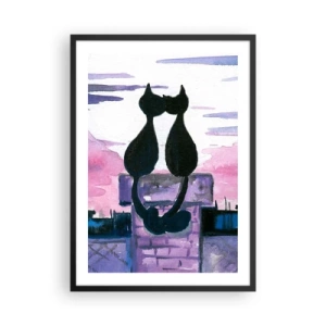 Poster in cornice nera - Due gatti neri contro un cielo rosa-viola - 50x70cm - Appuntamento sotto la luna - Decorazione murale moderna per soggiorno e camera da letto ARTTOR