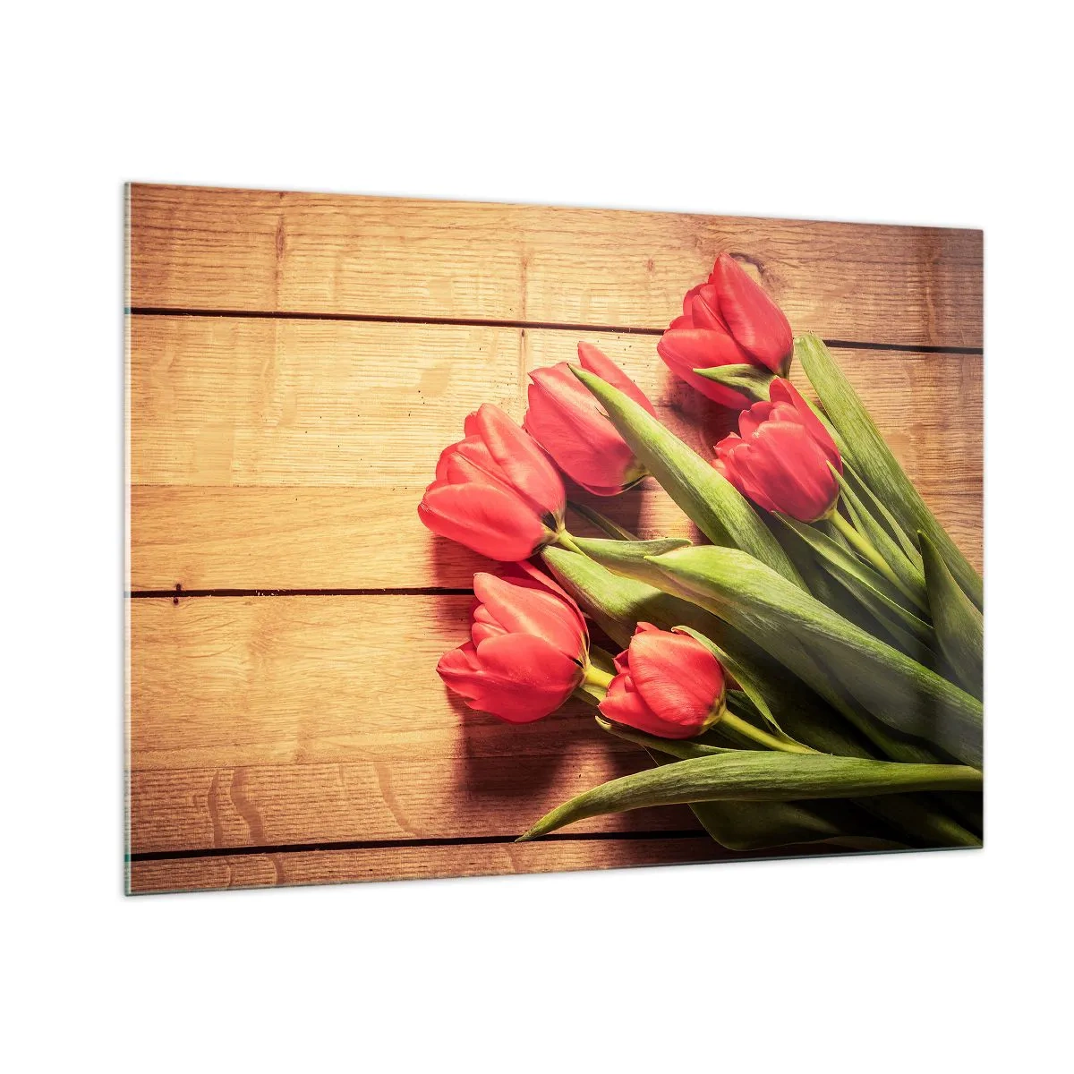 Quadro su vetro - Tulipani rossi su una tavola di legno - 100x70cm - Confessione primaverile - Decorazione murale moderna per soggiorno e camera da letto ARTTOR