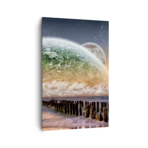 Quadro su tela - Stampe su Tela - Un paesaggio fantastico con un grande pianeta sopra il mare e un molo di legno. - 80x120cm - E il mondo emerse dalle acque - Decorazione murale moderna per soggiorno e camera da letto ARTTOR