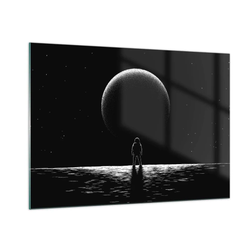 Quadro su vetro - Astronauta in piedi davanti a un pianeta in bianco e nero - 100x70cm - Faccia a faccia - Decorazione murale moderna per soggiorno e camera da letto ARTTOR