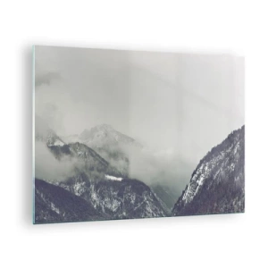 Quadro su vetro - Una valle di montagna nella nebbia in sfumature di grigio - 70x50cm - La valle delle nebbie - Decorazione murale moderna per soggiorno e camera da letto ARTTOR