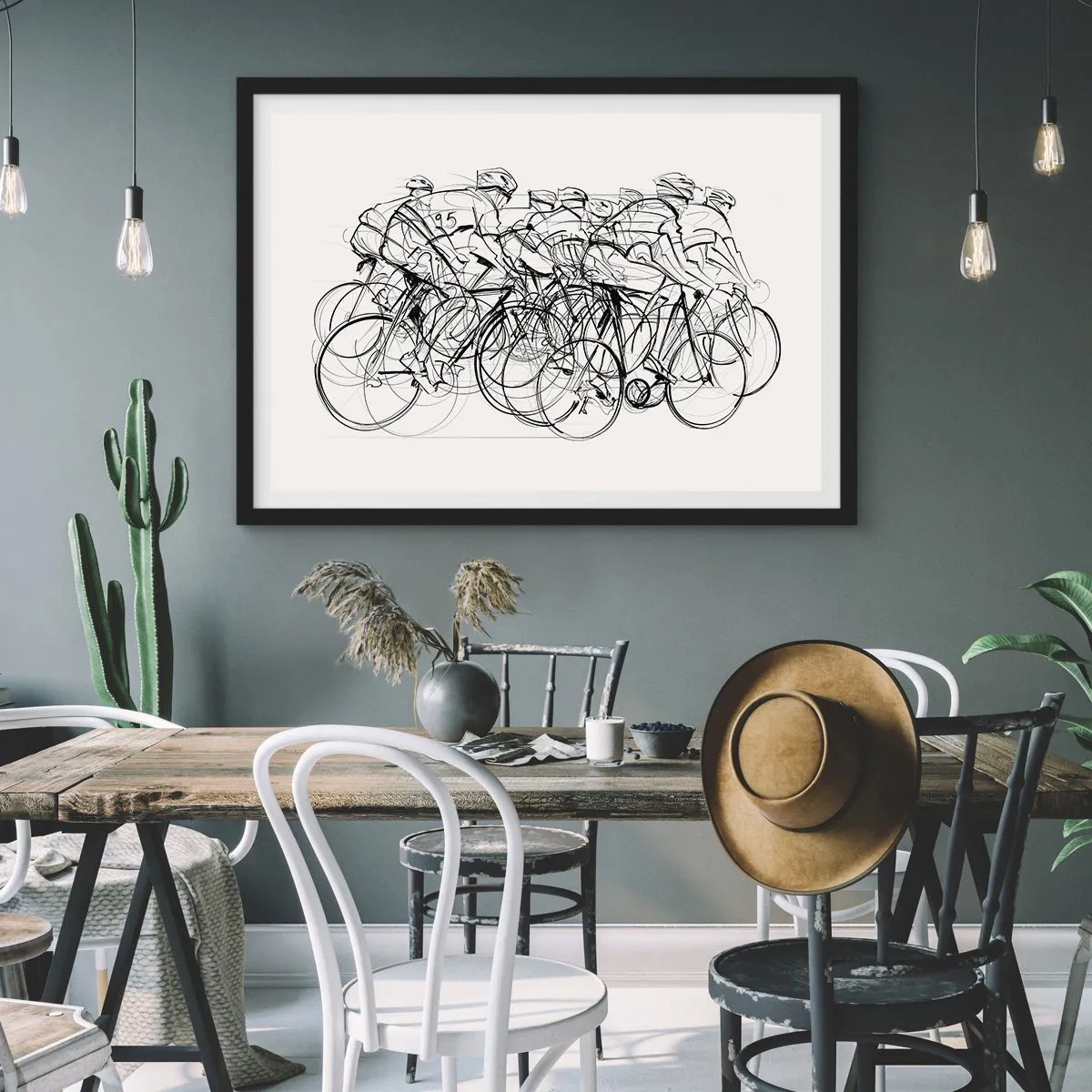 Poster in cornice nera - Un gruppo di ciclisti in movimento in stile minimalista - 70x50cm - Insieme - Decorazione murale moderna per soggiorno e camera da letto ARTTOR