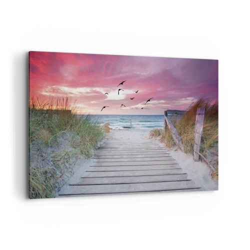 Quadro su tela - Stampe su Tela - Sentiero in legno sulla spiaggia al tramonto rosa - 120x80cm - Impressioni baltiche - Decorazione murale moderna per soggiorno e camera da letto ARTTOR