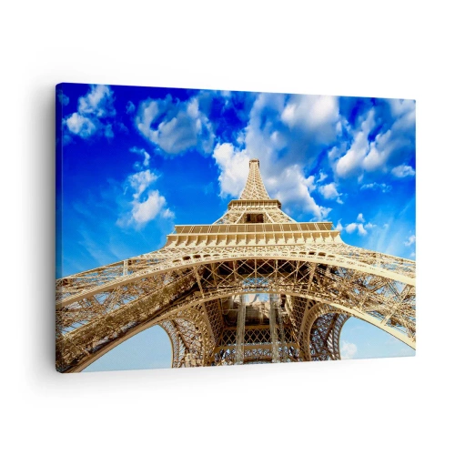Quadro su tela - Stampe su Tela - La Torre Eiffel dal basso contro un cielo blu - 70x50cm - Toccare il cielo e le nuvole - Decorazione murale moderna per soggiorno e camera da letto ARTTOR
