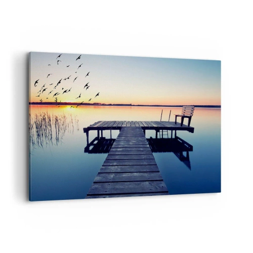Quadro su tela - Stampe su Tela - Molo di legno su un lago all'alba con uccelli - 120x80cm - È stata una buona giornata - Decorazione murale moderna per soggiorno e camera da letto ARTTOR