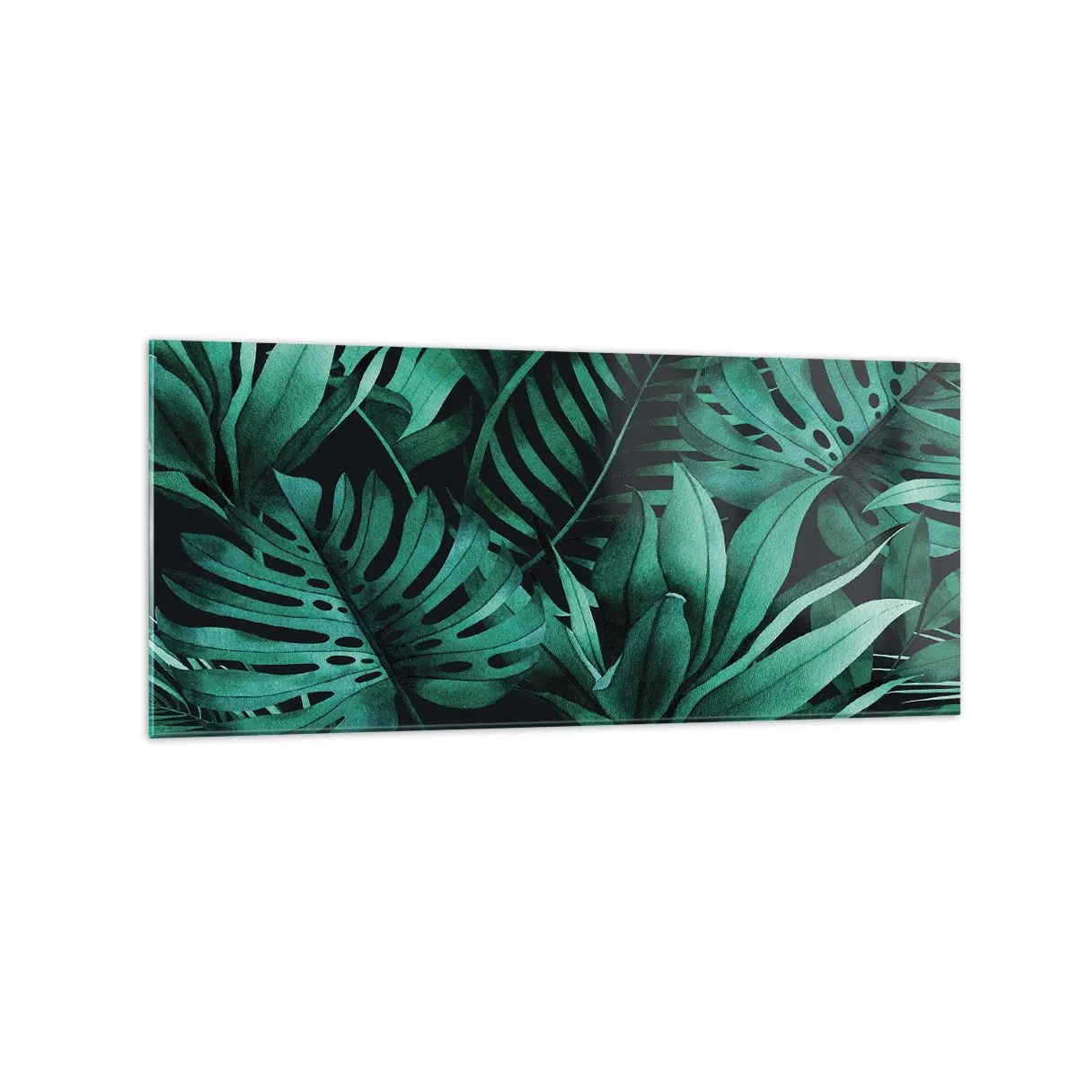 Quadro su vetro - Foglie tropicali in tonalità di verde intenso - 120x50cm - Dal profondo del verde tropicale - Decorazione murale moderna per soggiorno e camera da letto ARTTOR