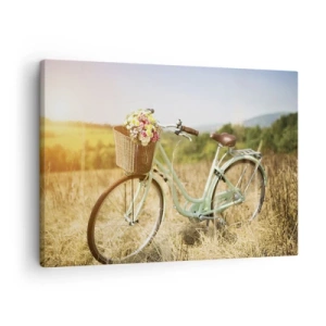 Quadro su tela - Stampe su Tela - Una bicicletta retrò con un cesto pieno di fiori sullo sfondo di un prato. - 70x50cm - Resto qui un attimo - Decorazione murale moderna per soggiorno e camera da letto ARTTOR