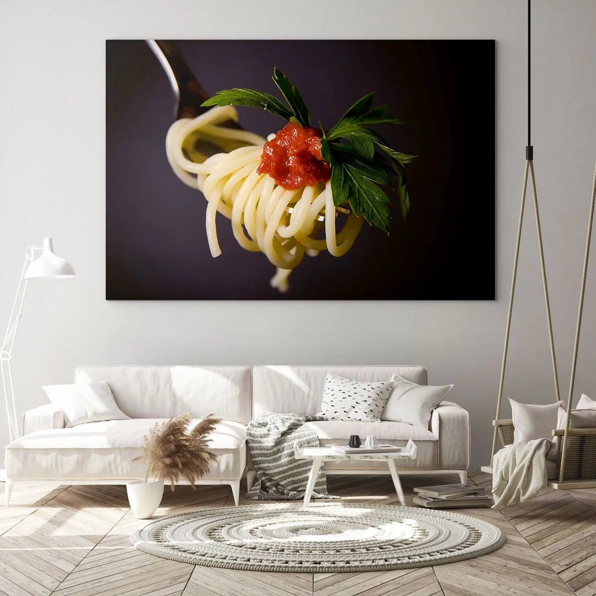 Quadro su vetro - Spaghetti alla forchetta con salsa di pomodoro - 120x80cm - Un boccone delizioso - Decorazione murale moderna per soggiorno e camera da letto ARTTOR