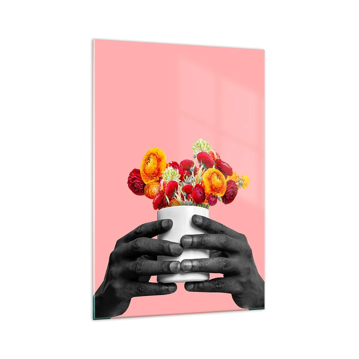 Quadro su vetro - Mani che tengono un mazzo di fiori colorati - 70x100cm - Apoteosi di vita - Decorazione murale moderna per soggiorno e camera da letto ARTTOR