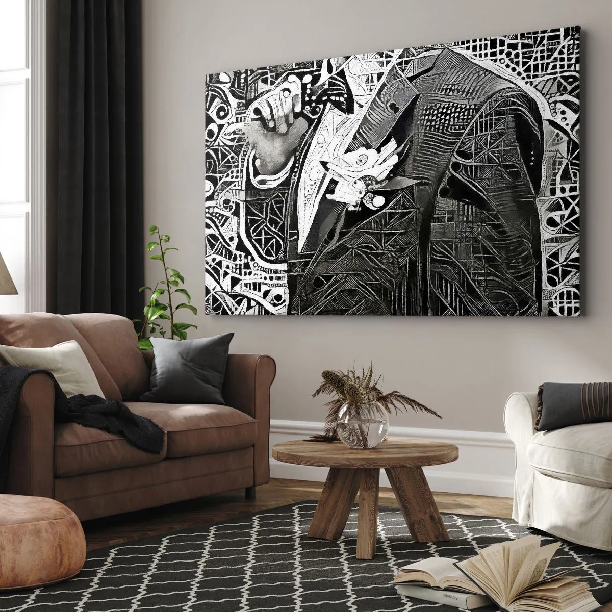 Quadro su tela - Stampe su Tela - Elegante astrazione di un uomo in abito in bianco e nero - 100x70cm - Solo in apparenza un uomo grigio - Decorazione murale moderna per soggiorno e camera da letto ARTTOR