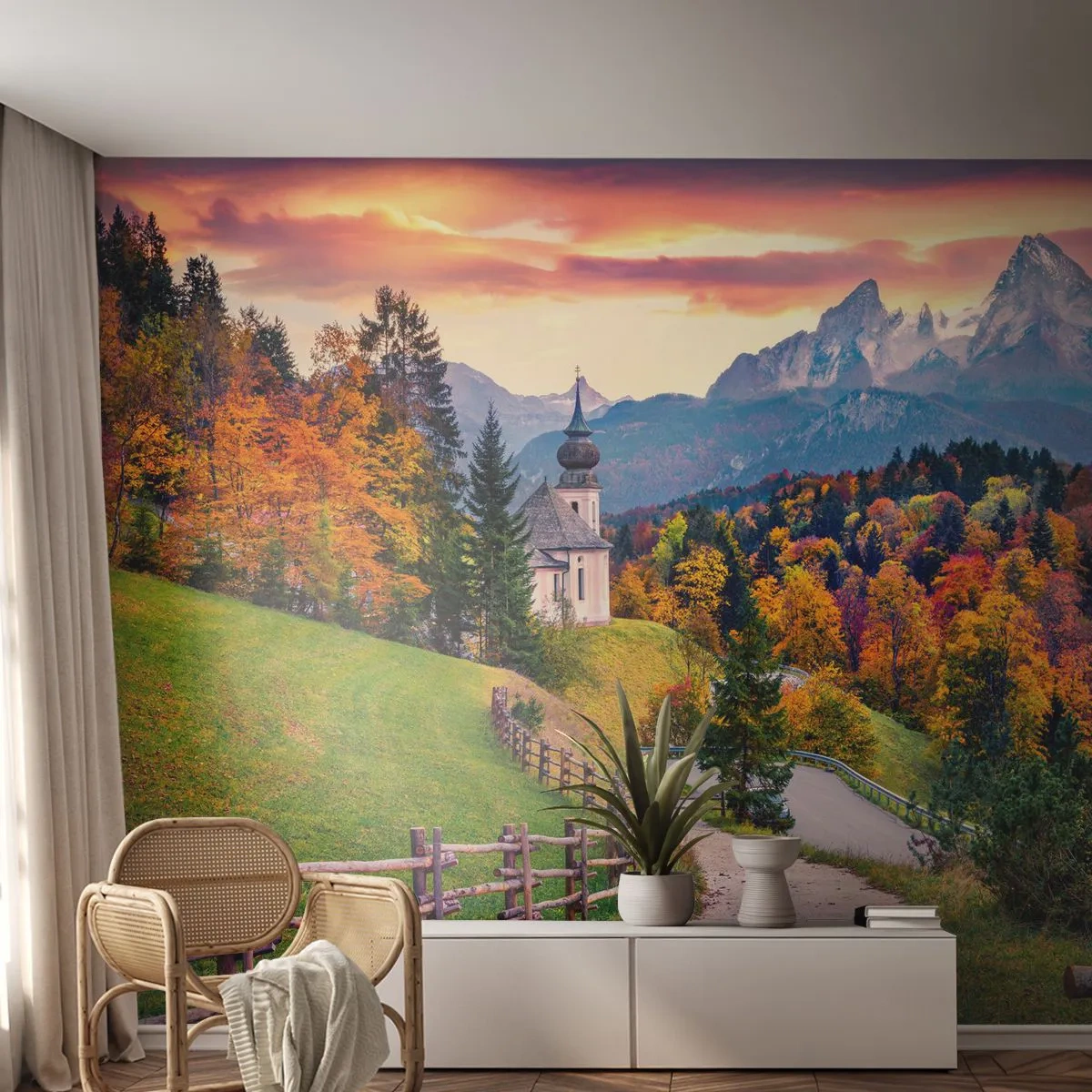 Fotomurali Premium Sand - Un paesaggio come dipinto - Paesaggio montano, Sentiero, Chiesa - 100x70 cm