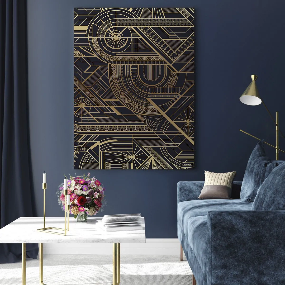 Quadro su vetro - Motivi geometrici dorati su sfondo nero in stile Art Déco - 80x120cm - Concetti, idee, progetti - Decorazione murale moderna per soggiorno e camera da letto ARTTOR