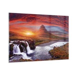Quadro su vetro - Paesaggio montano con cascata e tramonto - 100x70cm - Paesaggio della Terra di Mezzo - Decorazione murale moderna per soggiorno e camera da letto ARTTOR