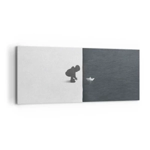 Quadro su tela - Stampe su Tela - La figura di un bambino con una barchetta di carta su uno sfondo di metà contrastanti - 120x50cm - La grande spedizione - Decorazione murale moderna per soggiorno e camera da letto ARTTOR