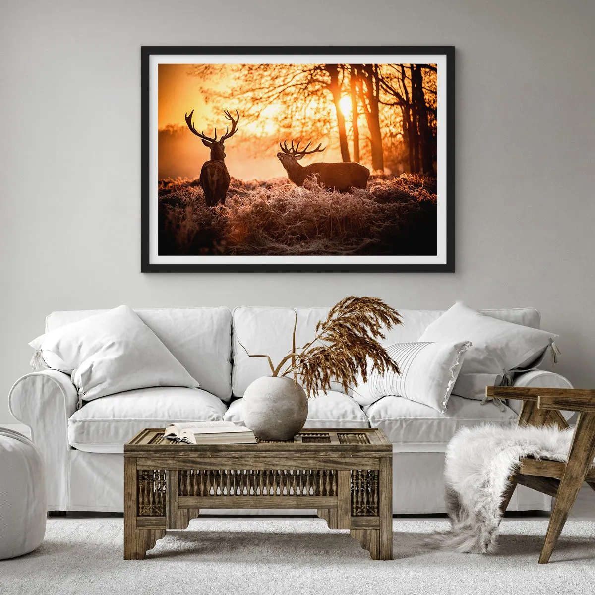 Poster in cornice nera - Due cervi al tramonto in un paesaggio invernale - 100x70cm - Il sogno del cacciatore - Decorazione murale moderna per soggiorno e camera da letto ARTTOR