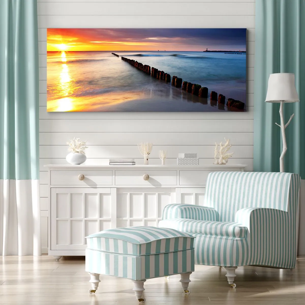 Quadro su tela - Stampe su Tela - Tramonto sul mare con un frangiflutti in primo piano - 160x50cm - Ascolta il silenzio - Decorazione murale moderna per soggiorno e camera da letto ARTTOR