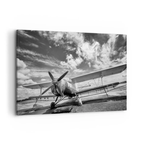 Quadro su tela - Stampe su Tela - Un vecchio aereo all'aeroporto in bianco e nero - 100x70cm - Non vedo l'ora! - Decorazione murale moderna per soggiorno e camera da letto ARTTOR