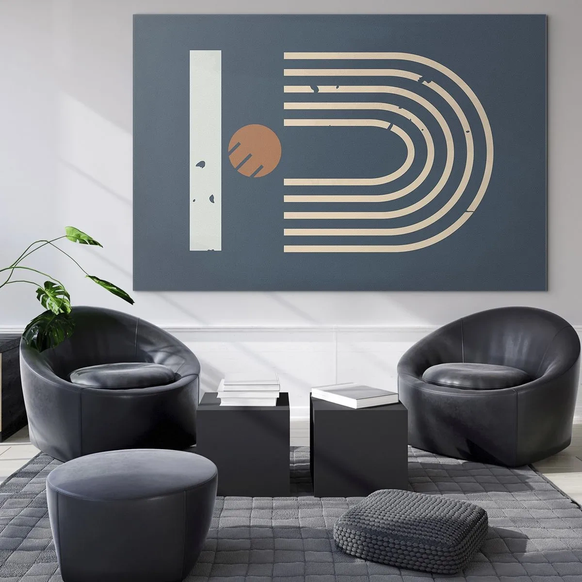 Quadro su vetro - Composizione geometrica retrò su sfondo scuro - 100x70cm - Geometria in blu - Decorazione murale moderna per soggiorno e camera da letto ARTTOR